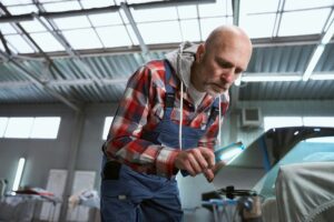 Man in work clothes works with a car detail